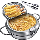 Deep Fryer Pot, 304 Stainless Steel Small Deep Fryer with Thermometer and Oil Drip Drainer Rack, Japanese Style Deep Frying Pot Pan with Lid (9.4inch)