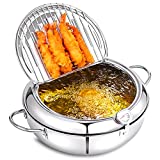 cuomaop Deep Fryer Pot,304 Stainless Steel with Temperature Control and Lid Japanese Style Tempura Fryer Pan Uncoated Fryer Diameter: 11 inch