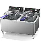 TOPKITCH Deep fryer Commercial Deep Fryer 12L x 2 Dual Tank Electric Deep Fryers with Basket Electric Countertop Fryer for Restaurant with 2 Frying Baskets&Lids, Stainless Steel, 3300W x 2, 240V