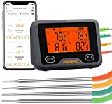 Inkbird Wi-Fi & Bluetooth Grill Meat Thermometer IBBQ-4BW with 4 Colored Probes, Timer, High/Low Temp Alarm, WiFi Meat Wireless Barbecue Smoker Thermometer for Oven, Kitchen, Drum, Android&iOS