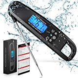 POWLAKENXS Instant Read Meat Thermometer for Kitchen Cooking, Ultra Fast Precise Waterproof Digital Food Thermometer with Backlight, Magnet and Foldable Probe for Deep Fry, Outdoor BBQ, Grill (Black)