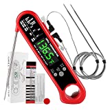 3 in 1 Digital Meat Thermometer, Instant Read Food Thermometer with 2 Detachable Wired Probe, Calibration, Alarm Function, LCD Backlight for Grilling, Cooking, BBQ, Kitchen (Red)