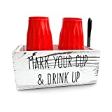 Double Solo Cup Holder Includes 3 Markers - Wood, Party Cup Holder With Marker Slot,'Mark Your Cup & Drink Up!' Rustic Farmhouse Style Fits Countertop Or Bar. Solo Cup Holder With Marker Slot.
