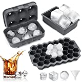 CHORHA Ice Cube Trays (Set of 3), Silicone Sphere Whiskey Ice Ball Maker with Lids & Large Square/Small Hexagonal Ice Cube Molds for Cocktails & Bourbon - Reusable & BPA Free(Gray)