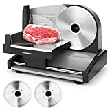 Meat Slicer, 200W Electric Deli Food Slicer with 2 Removable 7.5' Stainless Steel Blades, 0-15mm Adjustable Thickness Meat Slicers for Home Use, Cuts Frozen Meat, Cheese, Bread, Easy to Clean