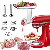 Stainless steel Food Grinder Attachments for Kitchenaid Stand Mixers with 2 Sausage Stuffer Tubes & 4 Grinding Plates to Work as Meat Processor