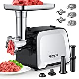 Ollygrin Meat Grinder Electric, 2000W Max Heavy Duty Meat Mincer Machine, Stainless Steel Food Grinders with 2 Blades, 3 Plates, Sausage Stuffer Tube & Kubbe Kit for Home Kitchen Use, Silver & Black