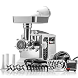 STX Turboforce II'Platinum' w/Foot Pedal Heavy Duty Electric Meat Grinder & Sausage Stuffer: 6 Grinding Plates, 3 S/S Blades, 3 Sausage Tubes, Kubbe, 2 Meat Claws, Burger-Slider Patty Maker - White