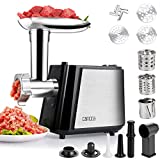 CAMOCA Electric Meat Grinder, All-Copper Motor Meat Mincer, Sausage Stuffer Maker with Vegetable Slicer, 2 Blade, 3 Grinding Plates, Kubbe kit for Home Kitchen Commercial Use, Stainless Steel Housing