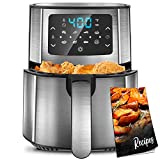 Moochain Air Fryer, 6 Qt BPA-Free AirFryers Oven Oilless Cooker with 7 Presets, Stainless Steel Air Fryers Digital LED Touchscreen with 72 Recipes, Nonstick Basket, Preheat and Shake Reminder (Silver)