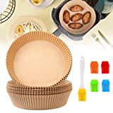 Air Fryer Disposable Paper Liner, Round Airfryer Parchment Sheets Liners for Baking, Non-Stick Oil-Proof Filter with 1 Food Grade Silicone Brush and 4 Replacement Brush Heads(Natural, 6.3inch-50pcs)