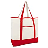 DALIX 22' Extra Large Shopping Tote Bag w Outer Pocket in Red and Natural