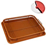 Deluxe Copper Crisper - 2-Pieces Nonstick Oven Air Fryer Pan/Tray & Mesh Basket Set - Air Fryer in Oven - Ideal for French Fry - Frozen Food, Baking Sheet without Oil - Bonus Pizza Cutter - WHG