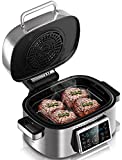 Grill and Air Fryer Combo, CATTLEMAN CUISINE 10-in-1 Indoor Electric Grill, Stainless Steel Air Fryer Grill with Air Grill, Air Fryer, Roast, Bake, Dehydrate, Beef & Fries, 6.5QT, Silver
