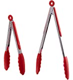 HiramWare Kitchen Tongs Set of 2 – 9 inch & 12 inch – Stainless Steel Food Tongs with Silicone Tips – Premium Locking Non-stick Tongs for Cooking, BBQ, Grilling, Salad - Heavy Duty, BPA Free(Red)