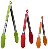 The Original Popco Tongs for Cooking - Set of 3 (7, 9, 12 inches) - Heavy Duty, 304 Stainless Steel BBQ and Kitchen Tongs with Silicone Tips (3 COLORS AVAILABLE)