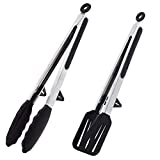 Kitchen Tongs for Cooking with Stand 2 Pack - Stainless Steel Salad Tongs with Silicone Tips, Nonstick Silicone Tongs for Grilling, Serving, Frying & Salad, 1 Food Tong and 1 Spatula Tong