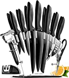 New Home Hero 17 pcs Kitchen Knife Set - 7 Stainless Steel Knives, 6 Serrated Steak Knives, Scissors, Peeler & Knife Sharpener with Acrylic Stand (Black, Stainless Steel)…