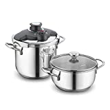 Korkmaz Alia Stainless Steel Casserole and Pressure Pot Set, Pressure Cooker with Pressure Settings and Cookware with Glass Lid