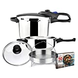 MAGEFESA FAVORIT SIX Super-Fast pressure cooker, stainless steel, suitable induction, heat diffuser bottom, 5 safety systems SPECIAL EDITION (3 + 6 QUART+ Steam basquet + Lid + Recipe book)