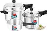 Pigeon Pressure Cooker Set - 2 + 3 + 5 Quart - Aluminum - Induction Base Outer Lid - Cook delicious food in less time: soups, rice, legumes, and more - 3 Piece Set Silver