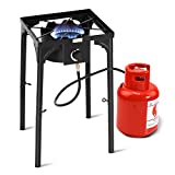 Goplus Outdoor Camp Stove High Pressure Propane Gas Cooker Portable Cast Iron Patio Cooking Burner w/Detachable Legs Great for Camping, Patio, or RV (Single-Burner 100,000-BTU)
