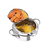 Prodent Tempura Deep Frying Pot,Deep Fryer Pot with Lid,2.2L Japanese Tempura Small Deep Fryer with Thermometer,Stainless Steel Fryer Pot,for Kitchen French Fries,Fish and Shrimp(7.9Inch,Silver)