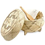 PANWA Handmade 100% Natural Thai Bamboo Sticky Rice “Electric Cooker Steamer Set”, Small Pot Insert ~ 6.5 Inch, Checkered Wicker Woven Lid, 16’’ Cheesecloth Filter, and Wooden Spoon