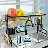 JZBRAIN Over The Sink Dish Drying Rack 22.3' - 37.3' Length and Height 15.8'-17' Adjustable Over Sink Large Dish Rack Spice Rack Above Sink Kitchen Dish Drainer Rack with Paper Towel Holder