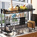Over The Sink Dish Drying Rack, SAYZH Width Adjustable（ Fit Small and Large Sink Size from 22 inches to 36 inches ） Stainless Steel Kitchen Drainer Countertop Organizer, Black