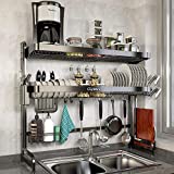 Over Sink Dish Drying Rack, Loyalfire 2 Tier Full Stainless Steel Large Storage Adjustable Kitchen Dish Rack (24.41''-37.6''), Expandable Dish Drainer Shelf Rack with Utensil Holder, Cup Hanging Set