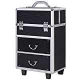 Soozier Professional Rolling Full Makeup Travel Train Case, Large Storage Cosmetic Trolley with Folding Trays, Drawer and Locks, Black