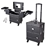 BYOOTIQUE Retro Rolling Makeup Train Case Artist Beauty Barber Trolley Cosmetic Stroage Salon Box Handle Mirror 4Pcs 360 degrees Rotatable Wheels