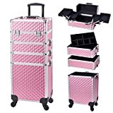 Stagiant Rolling Makeup Train Case Large Storage Cosmetic Trolley 4 in 1 Large Capacity Trolley Makeup Travel Case with Key Swivel Wheels Salon Barber Case Traveling Cart Trunk - Pink