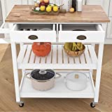 ChooChoo Rolling Kitchen Cart, Portable Kitchen Island Wood Top Kitchen Trolley with Drawers and Two-Tier Open Shelf, Towel Rack, White