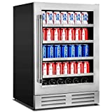 Beverage Refrigerator 24 inch Stainless Steel Shelf System 154 Cans and 6 Bottles Built-in or Freestanding for Soda Beer, Powerful Drink with Smart Control System and Double-Layer Glass Door