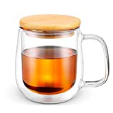 Glass Coffee & Tea Cup Mug with Wooden Lid, Double Wall Borosilicate Glass Latte Espresso Mug with Insulated Handle, Dishwasher Safe, 250ml/8.5oz