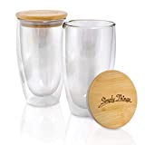 Simply Things Double Wall Insulated Borosilicate Glass Mugs with Bamboo lid, Set of 2 (20 ounce)