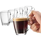 Bormioli Rocco Glass Coffee Mug Set, (6 Pack) Medium 10¾ Ounce with Convenient Handle, Tea Glasses for Hot/Cold Beverages, Thermal Shock Resistant, Tempered Glass, Mugs for Cappuccino, Latte, Espresso