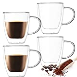 Farielyn-X 4 Pack Insulated Coffee Mugs, Glass Tea Mugs (12 oz, 350 ml), Double Wall Glass Coffee Cups, Latte Cups, Beer Cups, Glass Coffee Mug, Tea Glasses, Latte Mug, Clear Mugs, Glass Cappuccino Cu