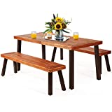 Giantex Patio Dining Table Set with 2 Benches, Outdoor Picnic Table Set with Umbrella Hole, Acacia Wood Patio Seating and Rectangular Table for Backyard, Garden, Lawn (Rustic Brown)