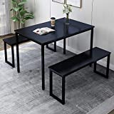 Rhomtree 3 Pieces Dining Set Table with 2 Benches Kitchen Dining Room Furniture Modern Style Wood Table Top with Metal Frame (Balck + Black)