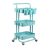 alvorog 3-Tier Rolling Utility Cart Storage Shelves Multifunction Storage Trolley Service Cart with Mesh Basket Handles and Wheels Easy Assembly for Bathroom, Kitchen, Office (Blue)