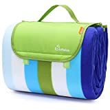 WolfWise Waterproof Picnic Blanket, Extra Large 79'x79' Sandproof Picnic Mat with 3 Layers Material for Outdoor Camping Hiking Grass Travelling, Portable with Storage Bag, Green Blue Stripes