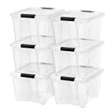 IRIS USA 32 Qt. Plastic Storage Bin Tote Organizing Container with Durable Lid and Secure Latching Buckles, Stackable and Nestable, 6 Pack, clear with Black Buckle