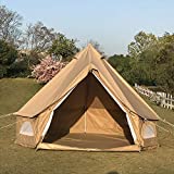 Diameter 3 Meter Waterproof Ripstop Polyester Cotton Plaid Cloth Tripod Frame Camping Bell Tent Central-Pole-Free Easily Contain a Queen Size Air Mattress (Khaki, Diameter 3M)