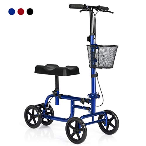 Giantex Steerable Lightweight Knee Scooter, Foldable All Terrain Knee Walker with Basket, Dual Brakes, Scooter for Foot Ankle Injuries, Crutches Alternative, Support up to 300 (Blue)