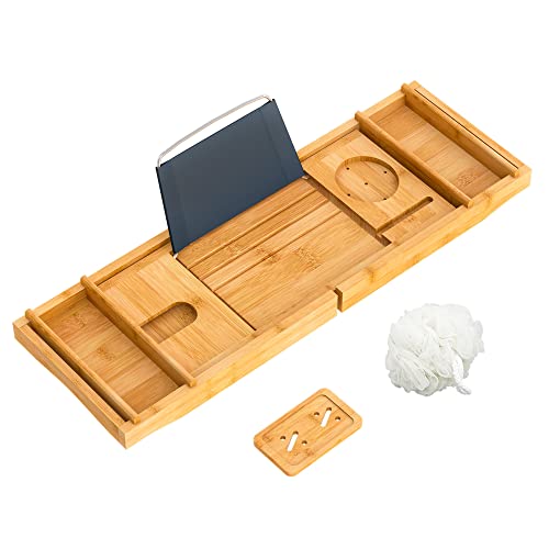Domax Bathtub Caddy Tray Expandable Bamboo Tub Tray for Luxury Bath with Book Holder and Free Soap Dish Yellow