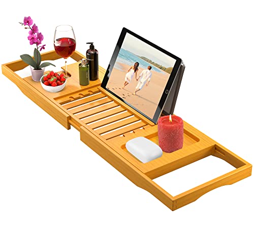 Bamboo Bathtub Tray Caddy - Expandable Bath Tray - Adjustable Organizer Tray for Bathroom - Luxury Bath Caddy Tub Table, Bathtub Accessories & Bathroom Gadgets (Natural)