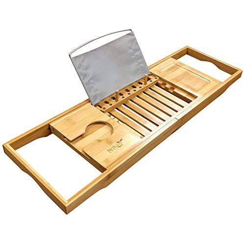 Wooden Bamboo Luxury Bathtub Tray for Your Book, Tablet or Smartphone - Bath Caddy Table with Extending Adjustable Arms for Tub - Wide and Adjustable with Wine Holder on Side